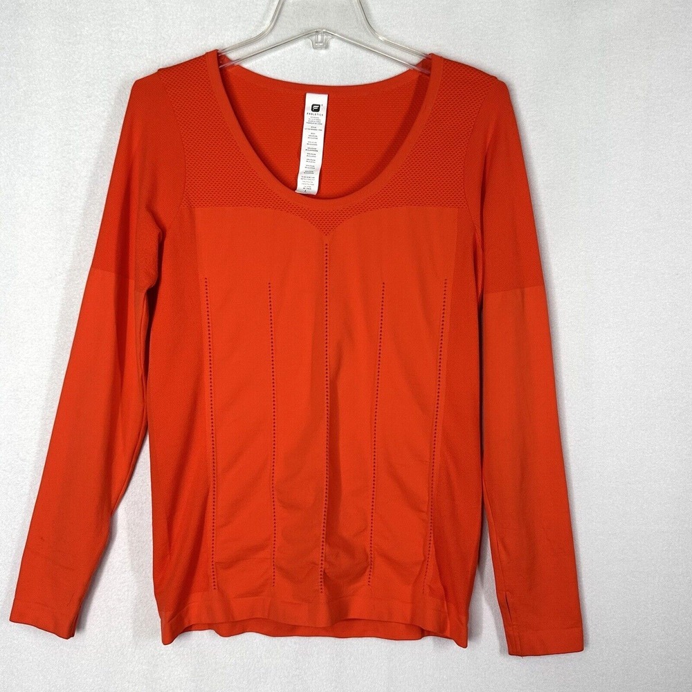 Fabletics Delta Seamless Long Sleeve Top Shirt L Orange Running Thumb Holes Gym